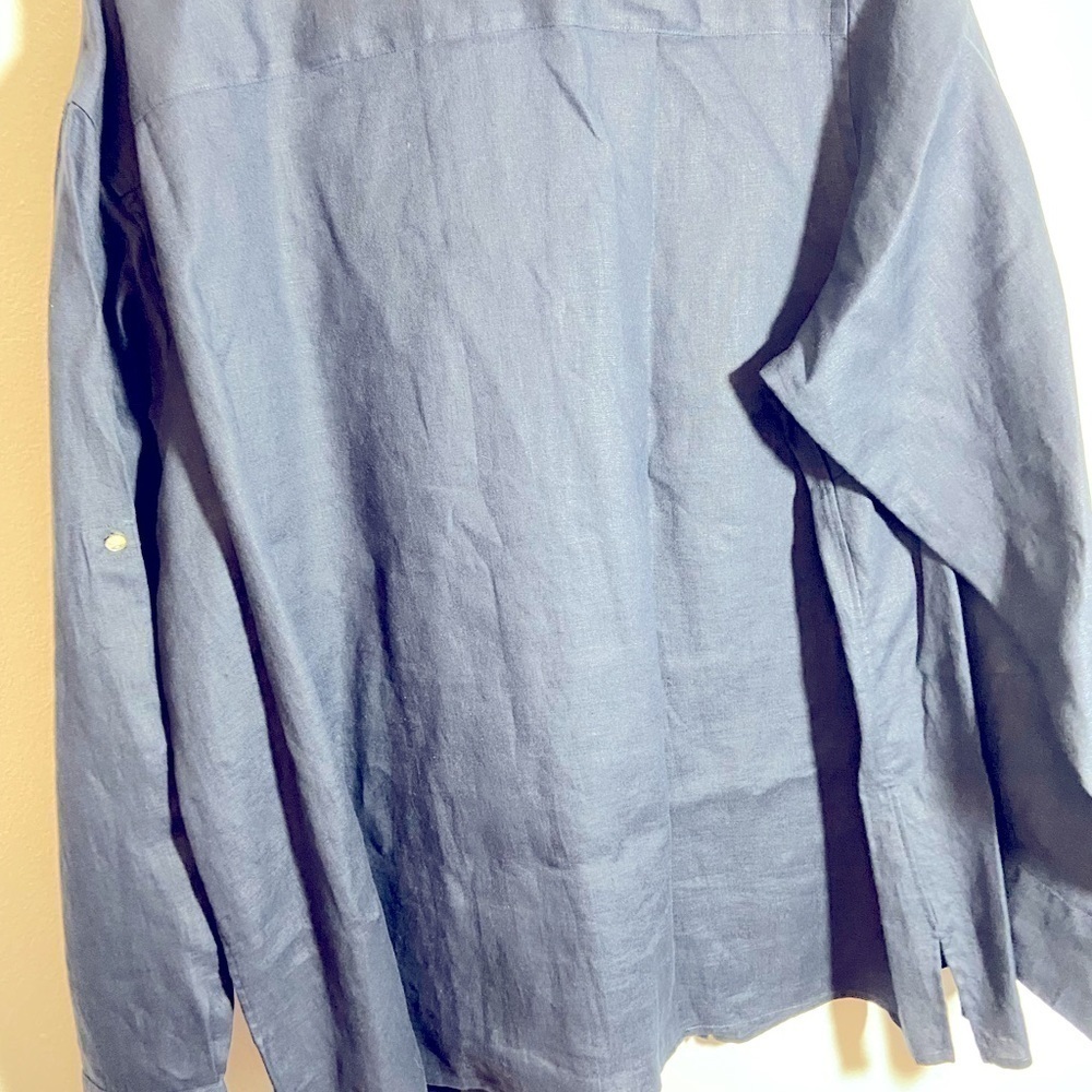 Lauren Ralph Lauren 100% Linen Shirt Navy Blue Sz 2X XXL Polka Dot Collar READ - Picture 2 of 12